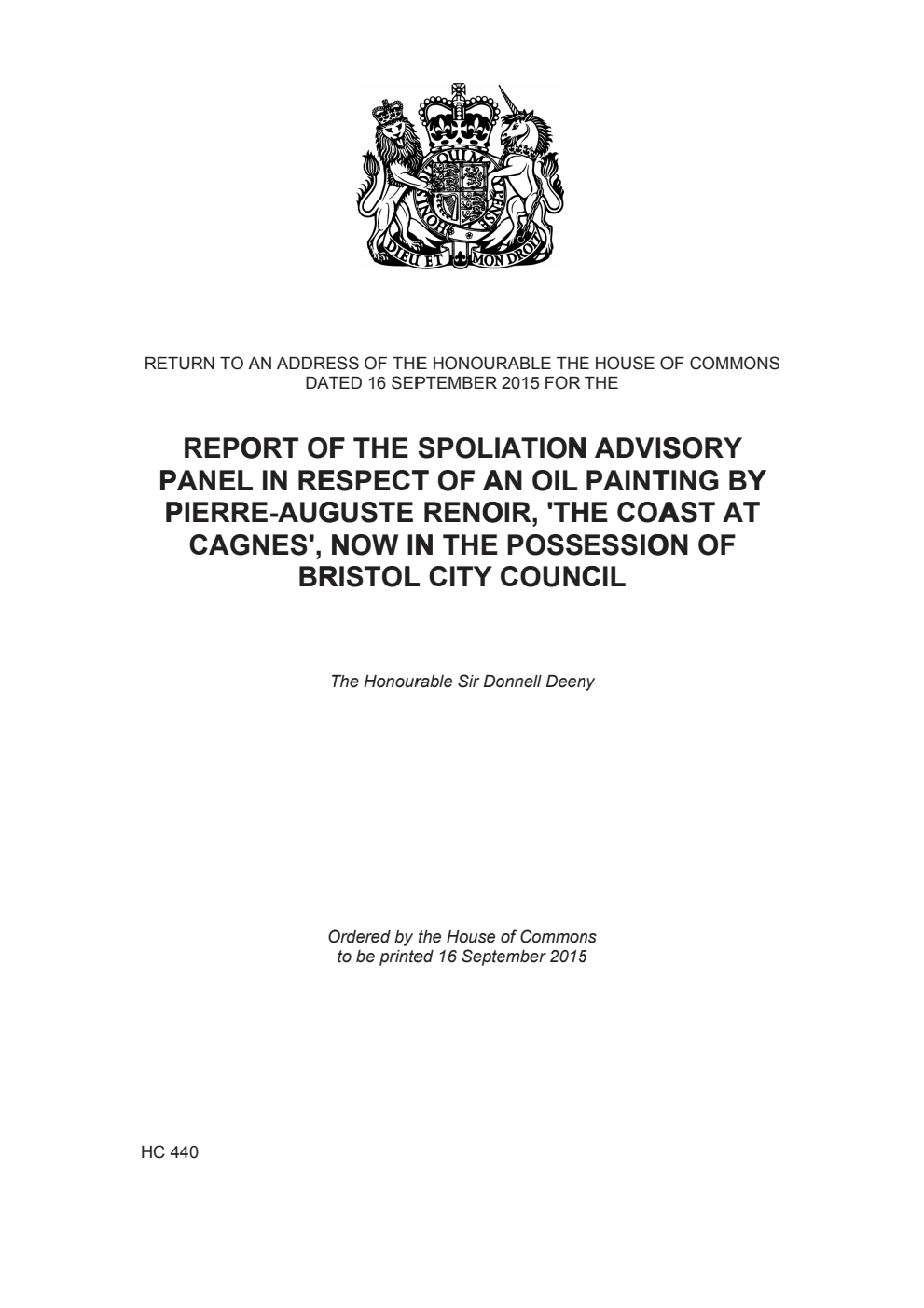 Report of the Spoliation Advisory Panel in Respect of an Oil Painting by Pierre-Auguste Renoir, 'The Coast at Cagnes', now in the possession of Bristol City Council