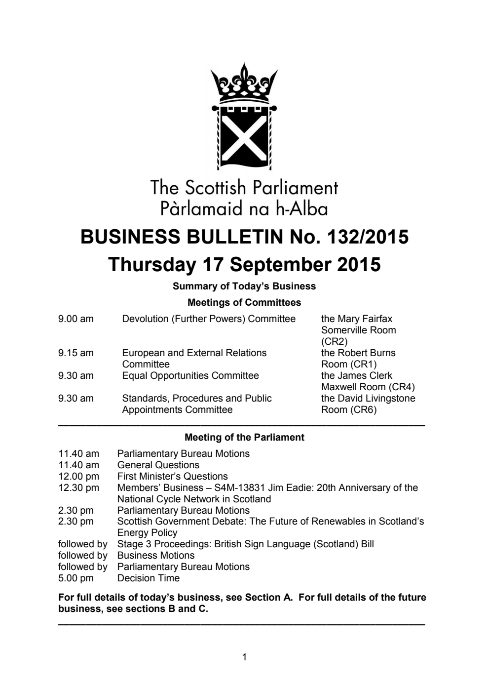 Business Bulletin No. 132/2015, Thursday 17 September 2015