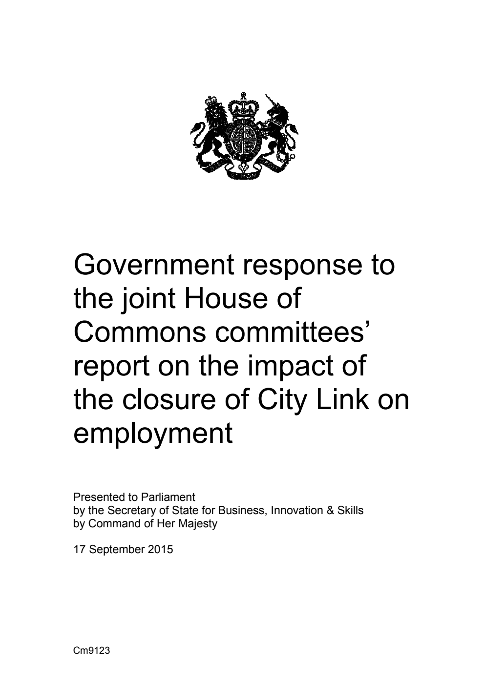Government response to the joint House of Commons committees’ report on the impact of the closure of City Link on employment