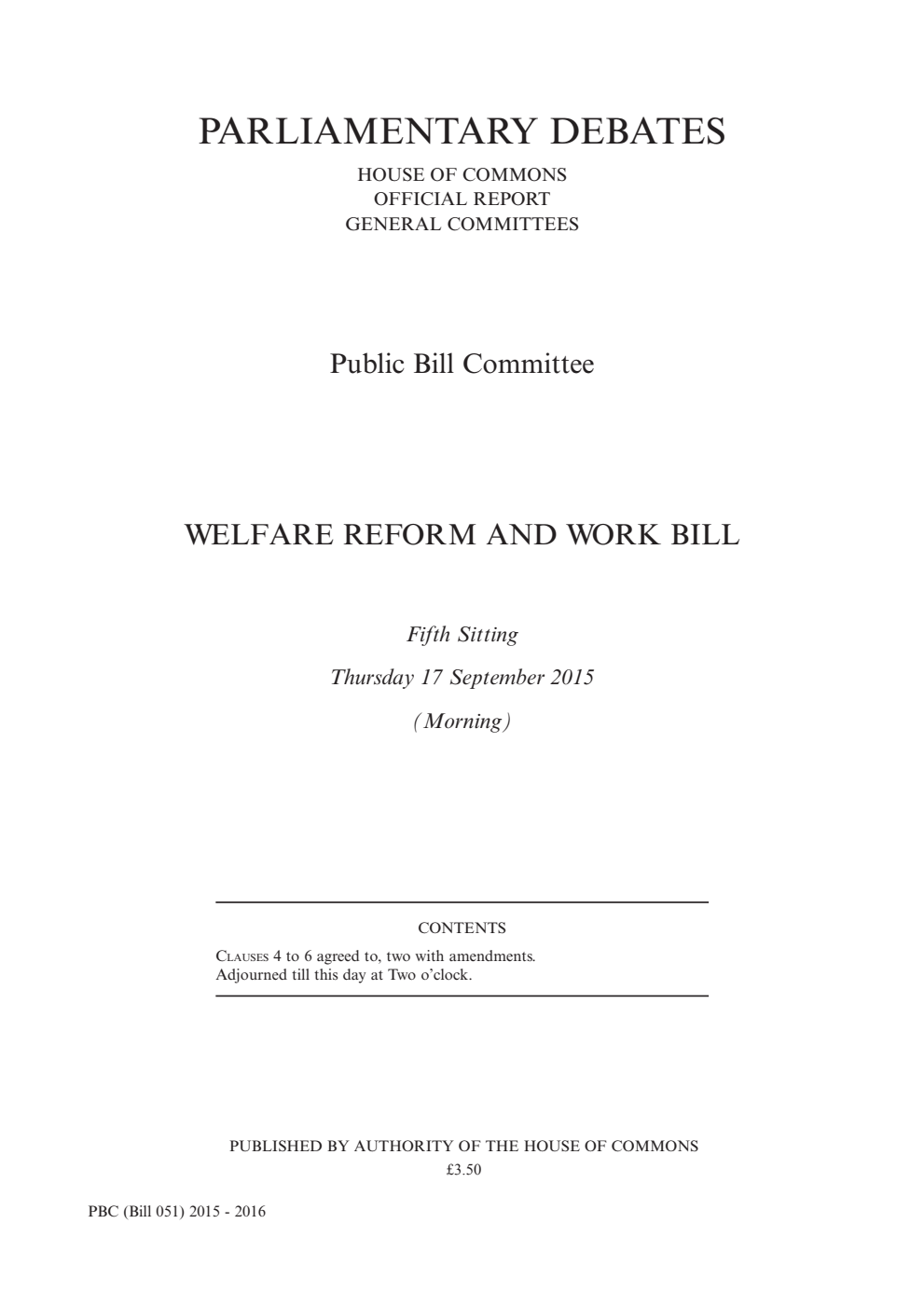 Welfare Reform and Work Public Bill Committee 5th Sitting 17th September 2015 AM