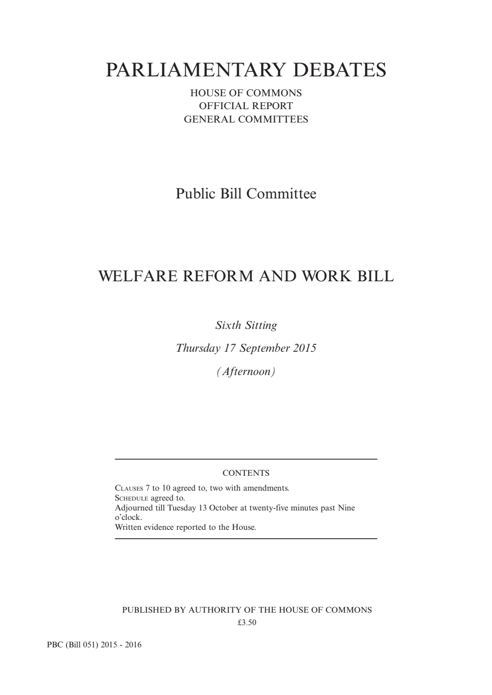 Welfare Reform and Work Public Bill Committee 6th Sitting 17th September 2015 PM