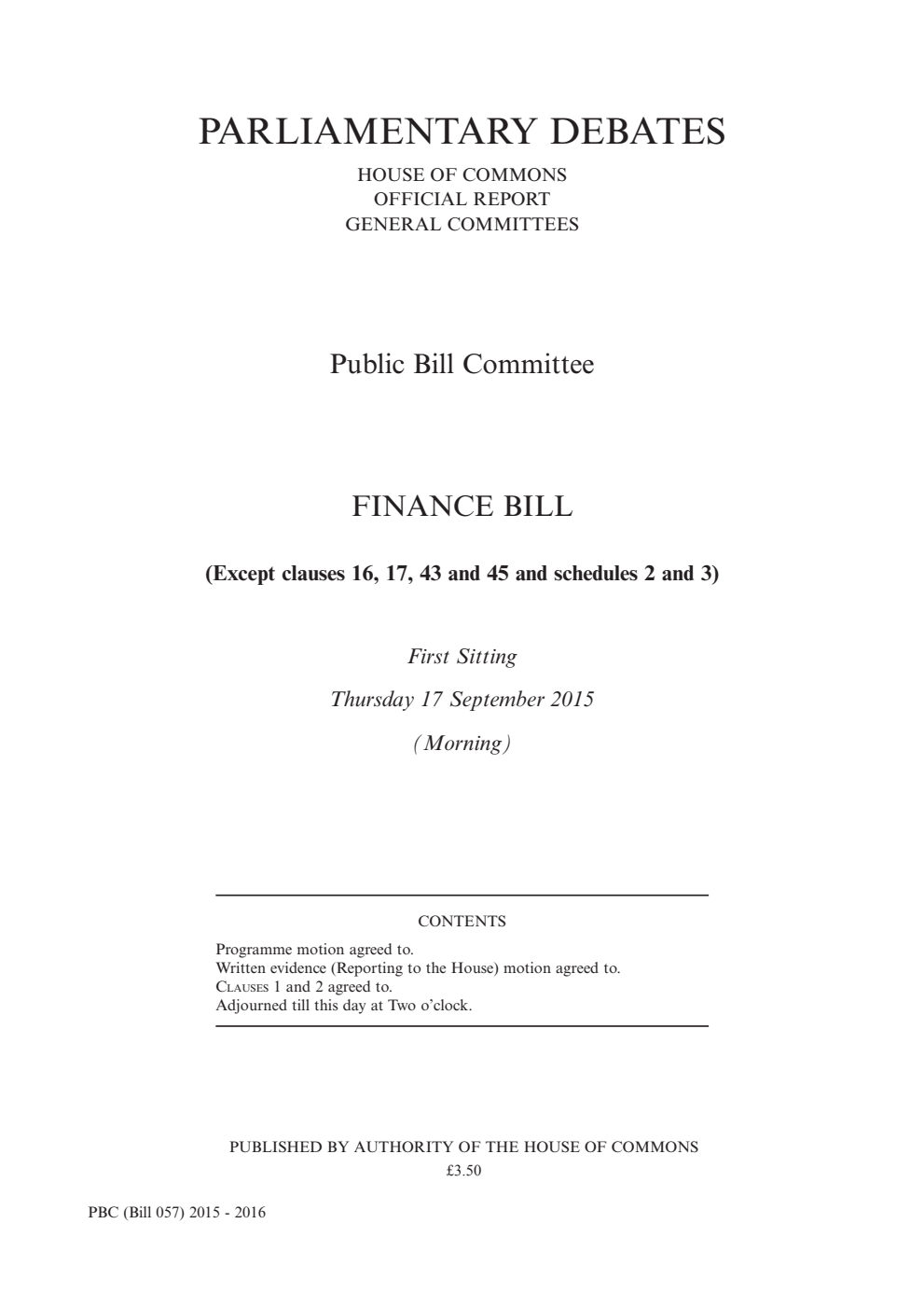 Finance Public Bill Committee 1st Sitting 17th September 2015 AM