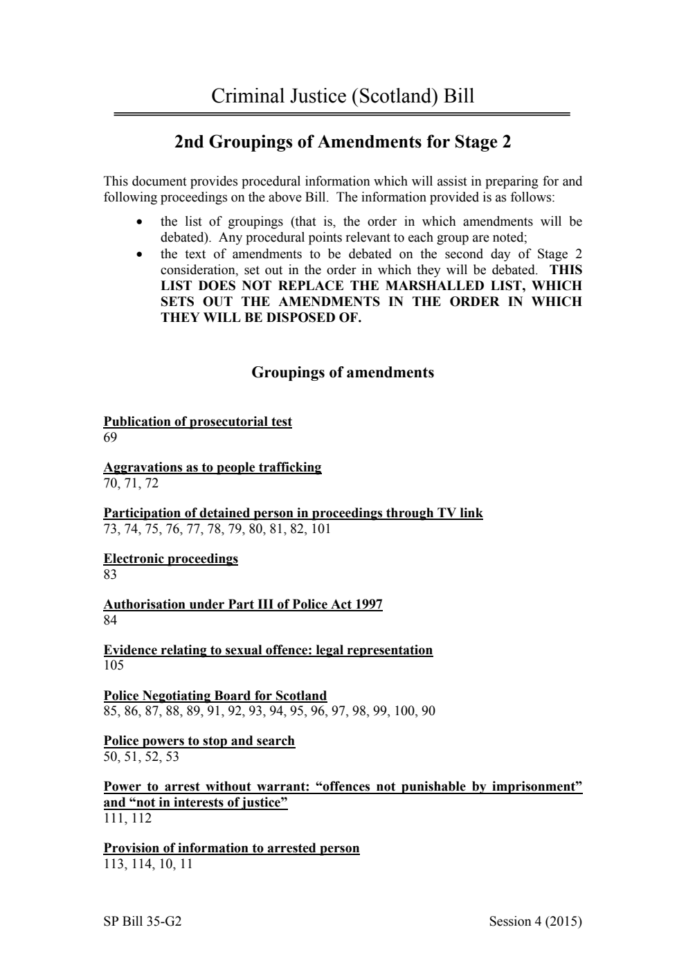 Criminal Justice (Scotland) Bill 2nd Groupings of Amendments for Stage 2