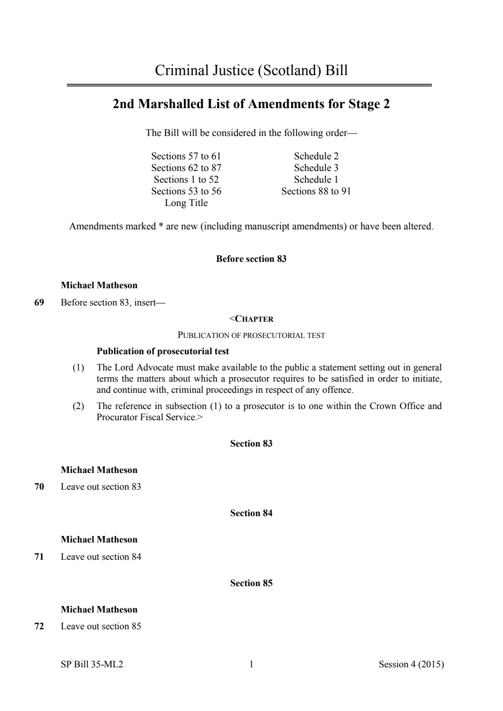 Criminal Justice (Scotland) Bill 2nd Marshalled List of Amendments for Stage 2