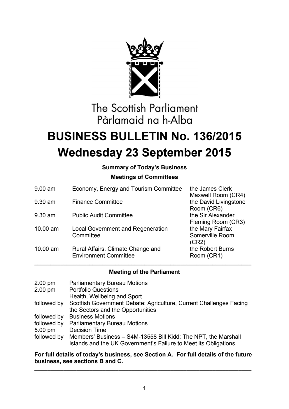 Business Bulletin No. 136/2015, Wednesday 23 September 2015