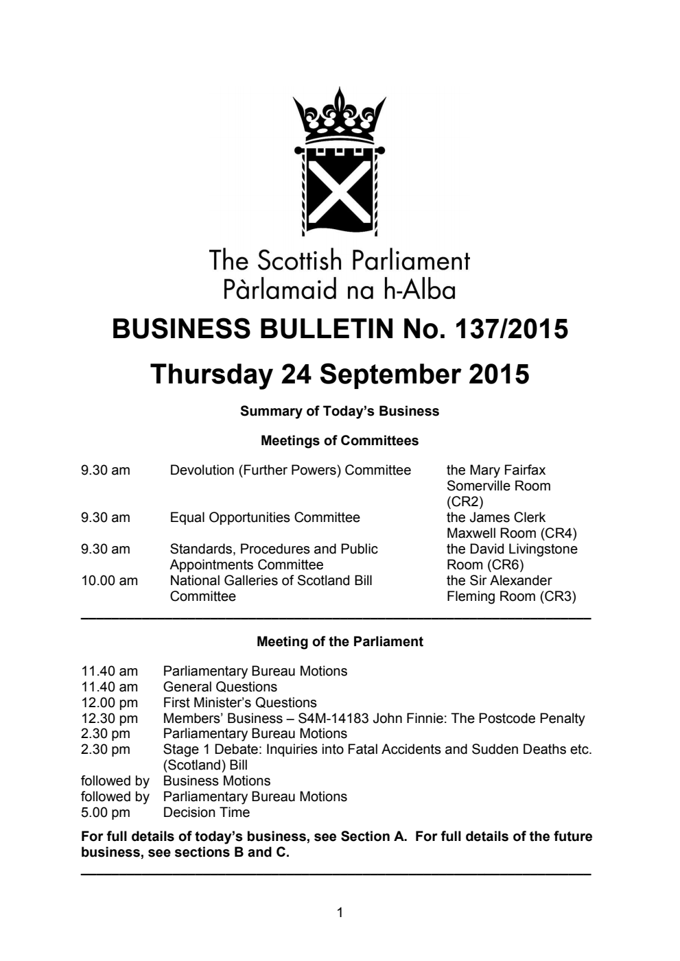 Business Bulletin No. 137/2015, Thursday 24 September 2015