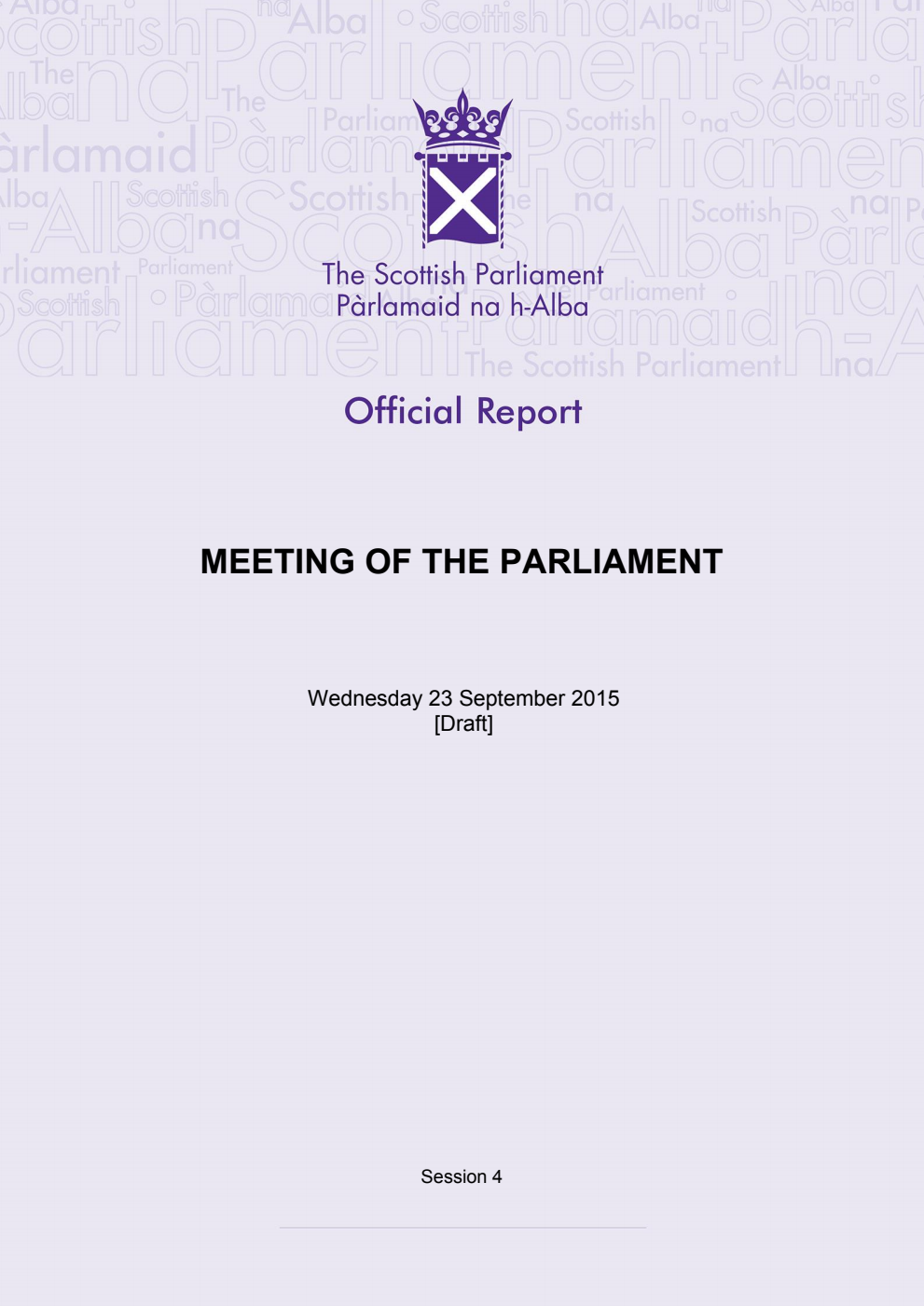 Official Report Meeting of the Parliament Wednesday 23 September 2015 [Draft]