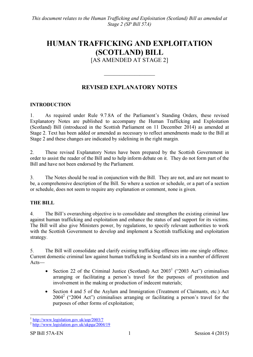 Human Trafficking and Exploitation (Scotland) Bill [As Amended at Stage 2] Revised Explanatory Notes