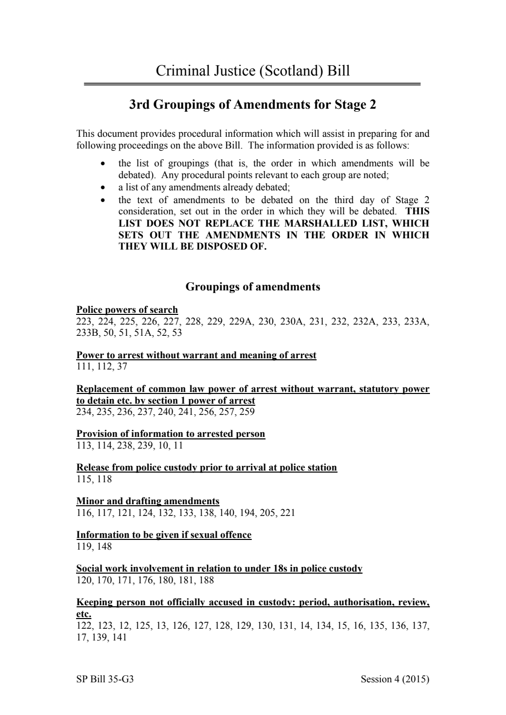Criminal Justice (Scotland) Bill 3rd Groupings of Amendments for Stage 2
