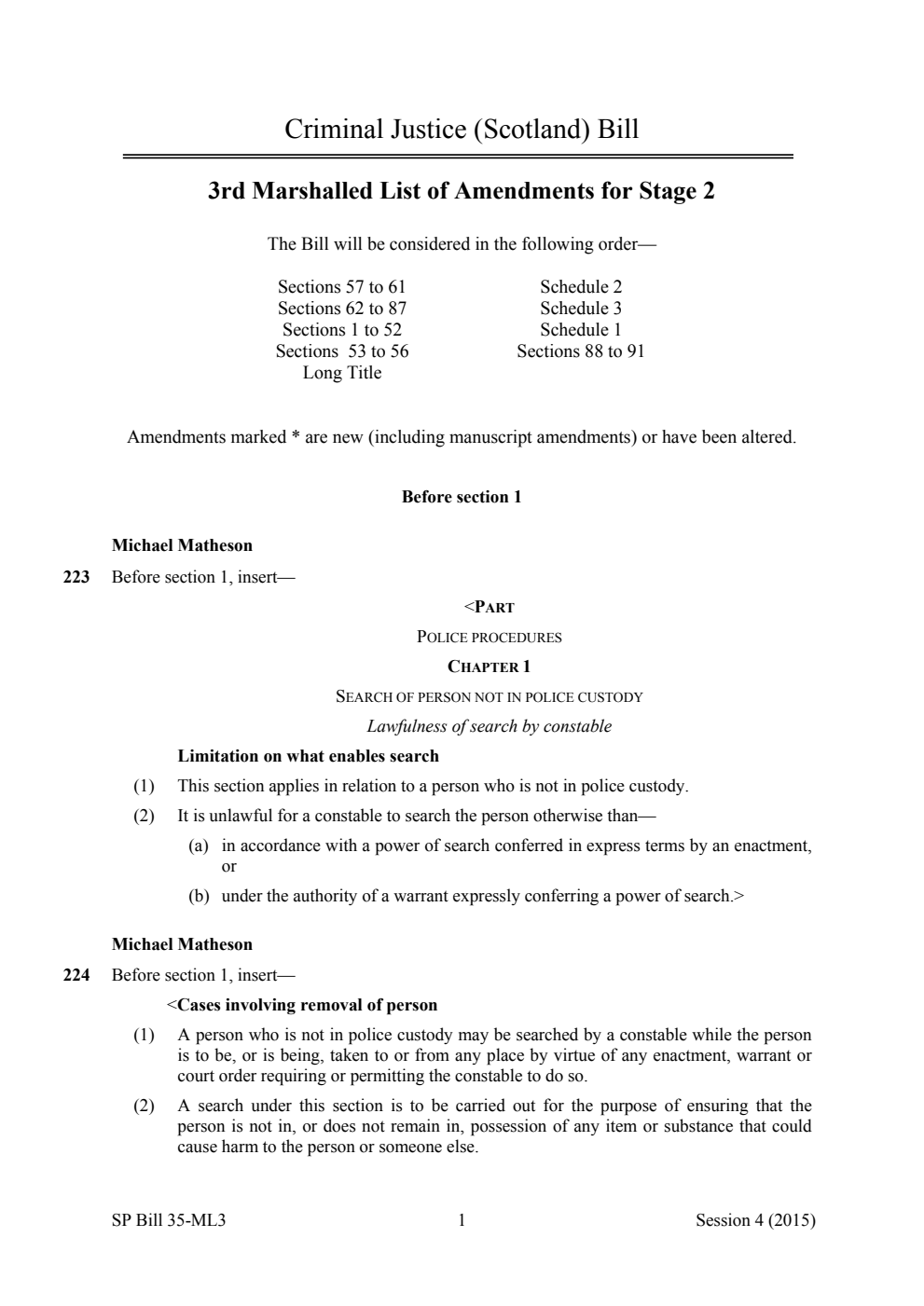 Criminal Justice (Scotland) Bill 3rd Marshalled List of Amendments for Stage 2