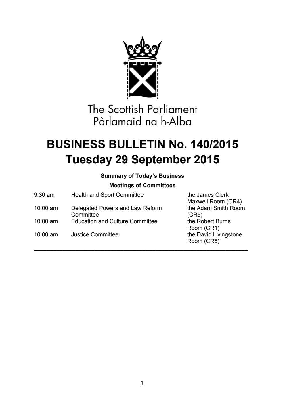 Business Bulletin No. 140/2015, Tuesday 29 September 2015