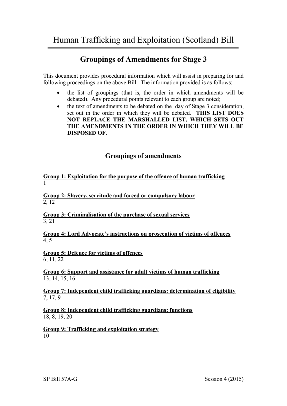 Human Trafficking and Exploitation (Scotland) Bill Groupings of Amendments for Stage 3