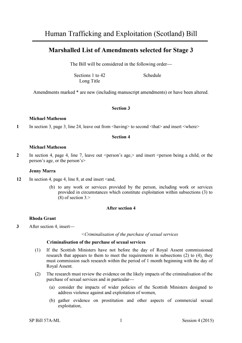 Human Trafficking and Exploitation (Scotland) Bill Marshalled List of Amendments selected for Stage 3