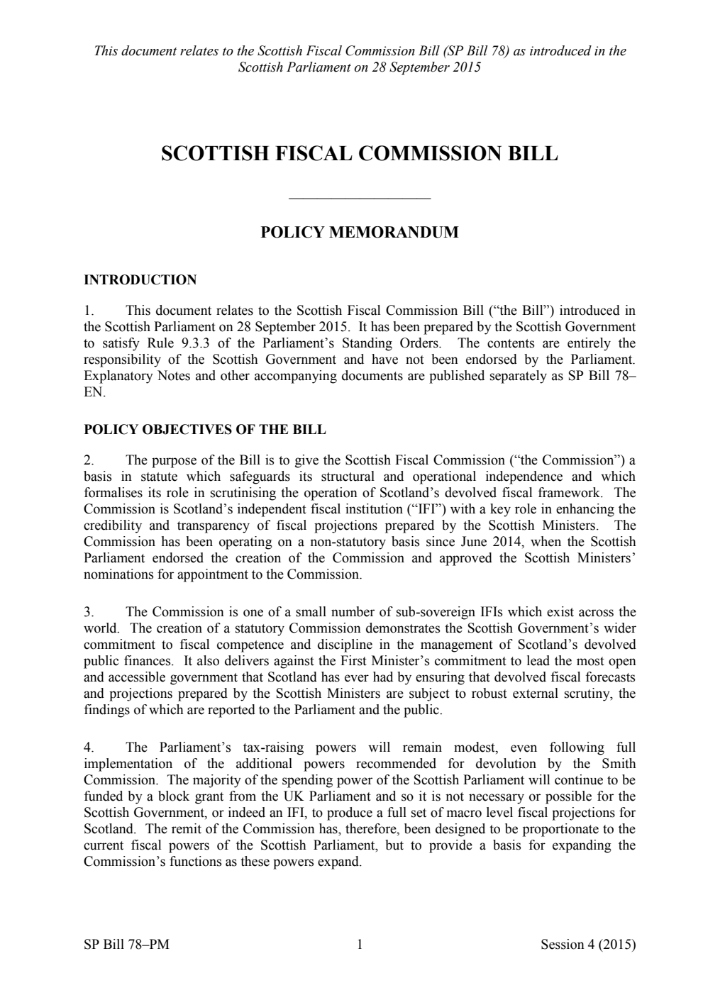 Scottish Fiscal Commission Bill Policy Memorandum