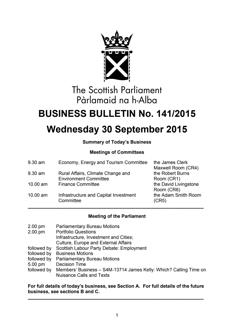 Business Bulletin No. 141/2015, Wednesday 30 September 2015