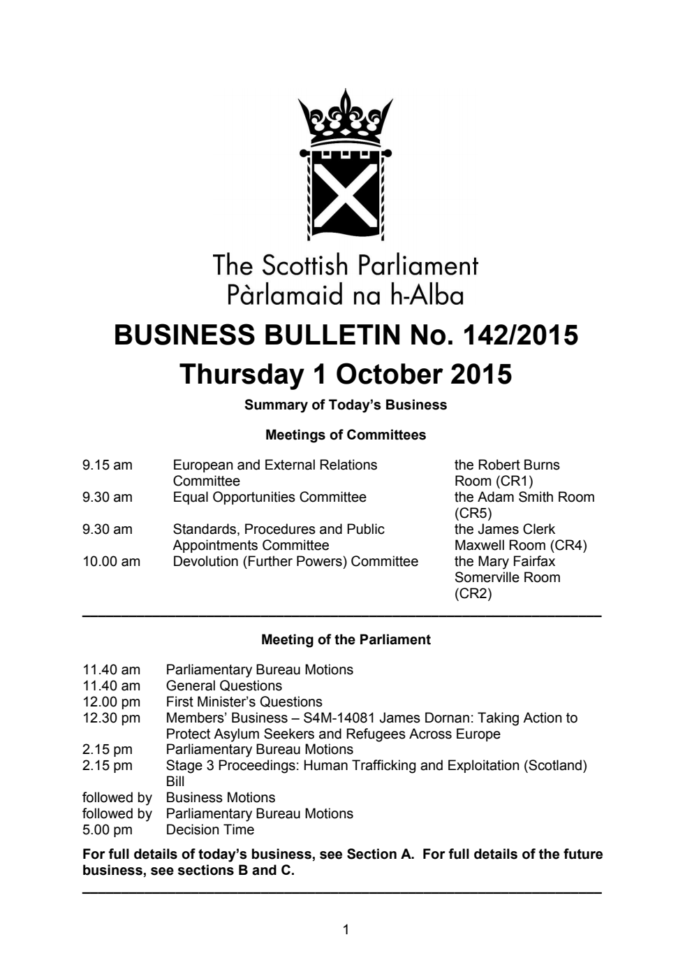 Business Bulletin No. 142/2015, Thursday 1 October 2015