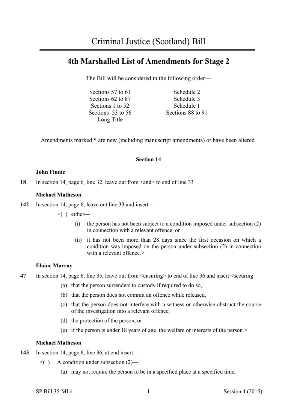 Criminal Justice (Scotland) Bill 4th Marshalled List of Amendments for Stage 2