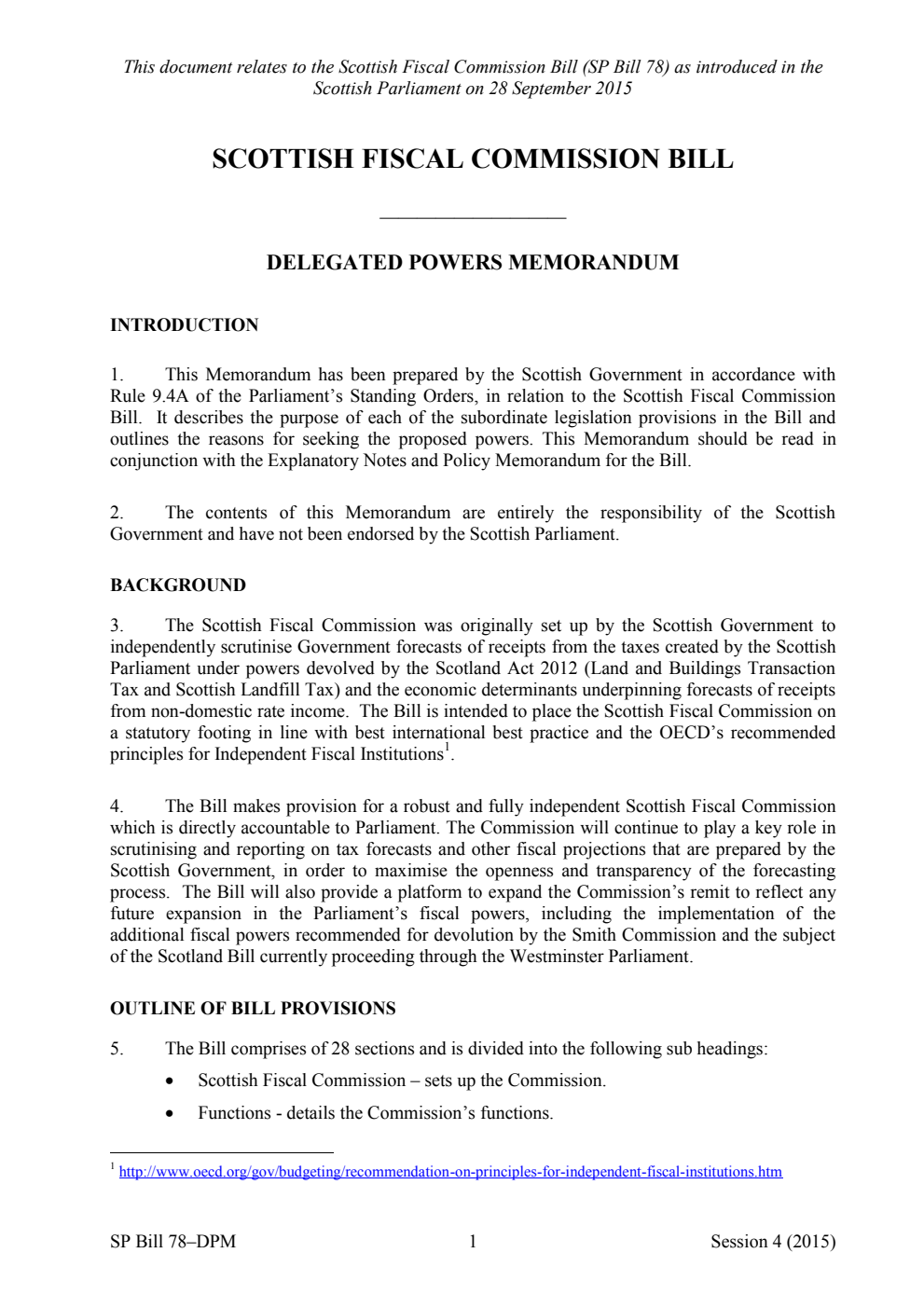 Scottish Fiscal Commission Bill Delegated Powers Memorandum