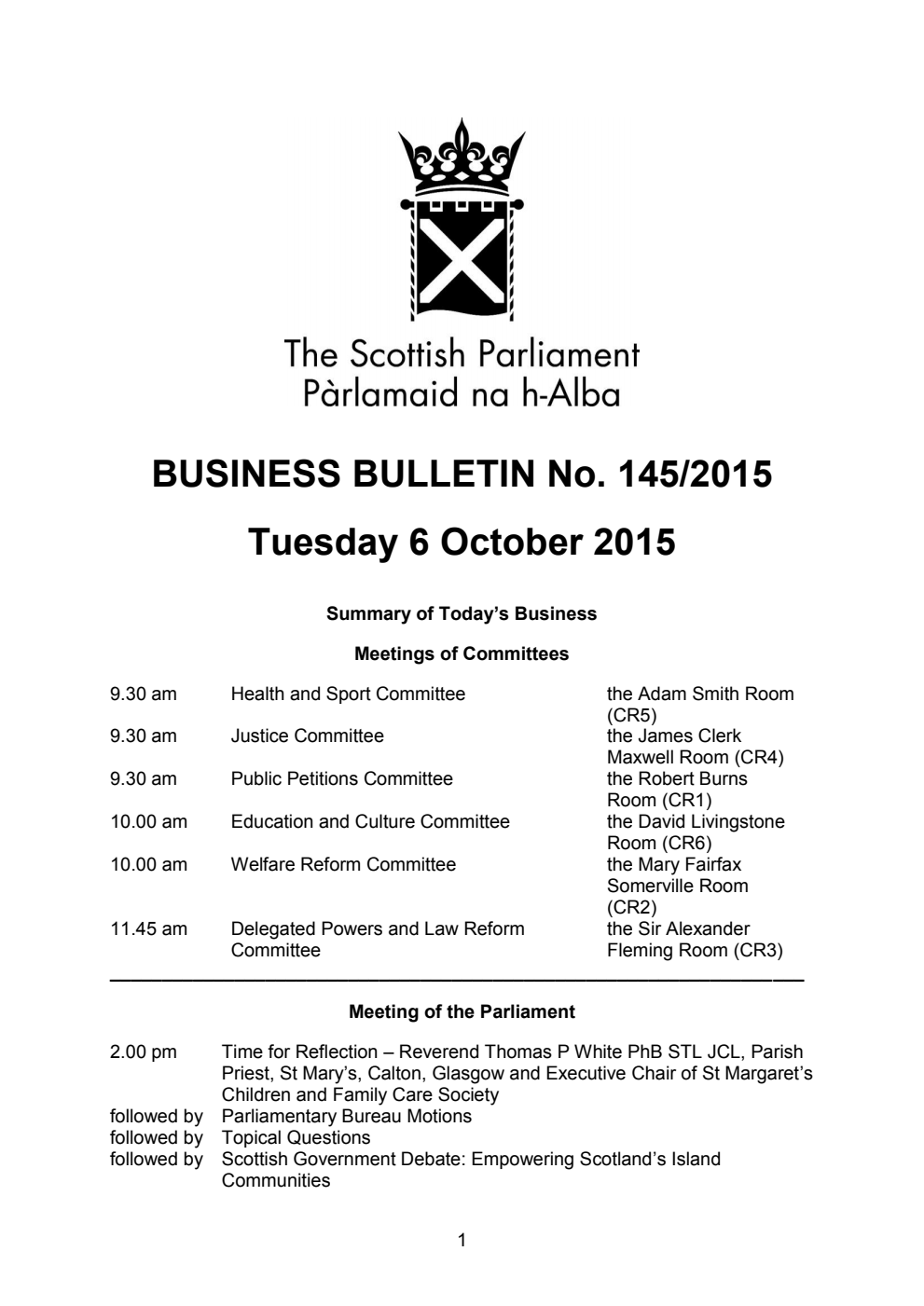 Business Bulletin No. 145/2015, Tuesday 6 October 2015