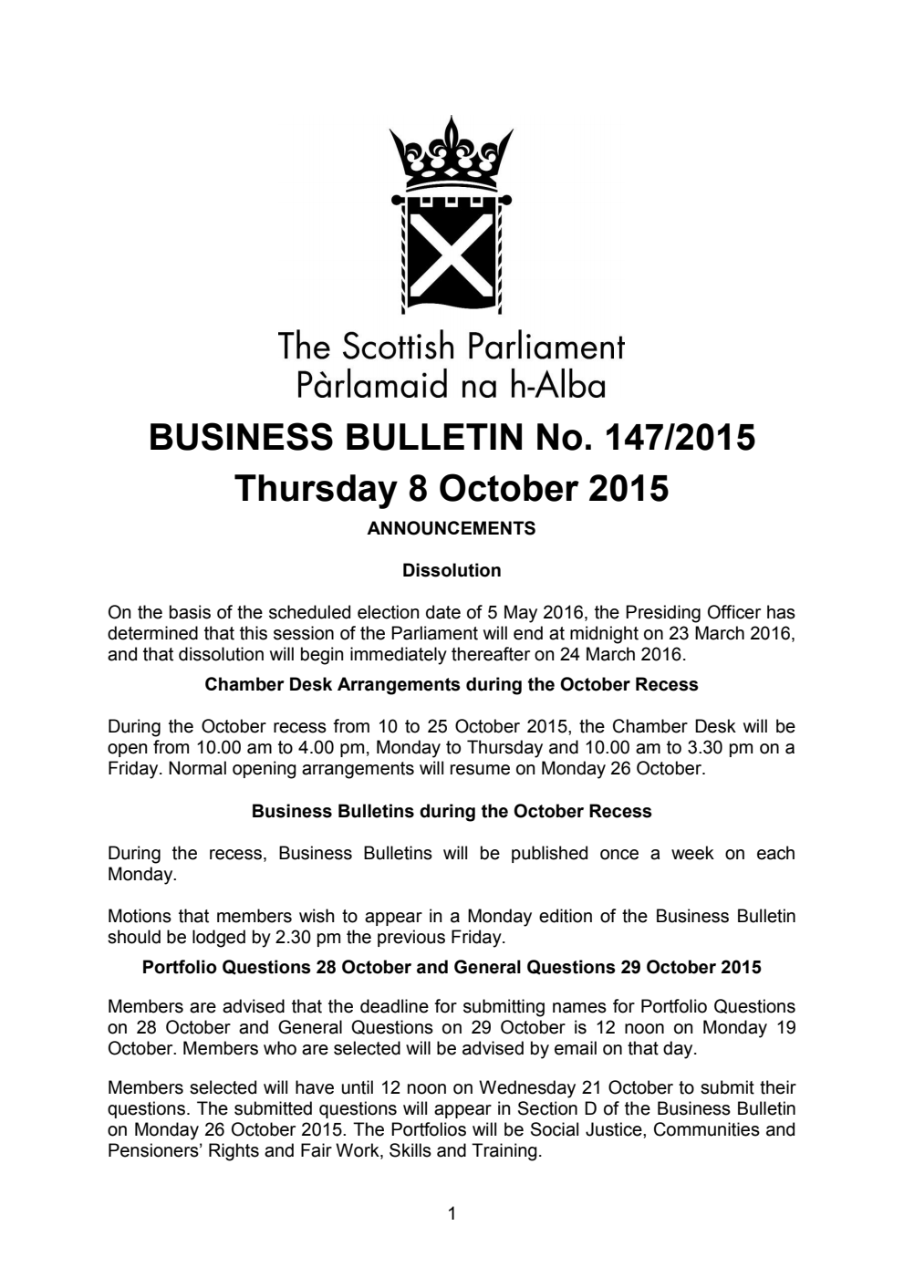 Business Bulletin No. 147/2015, Thursday 8 October 2015