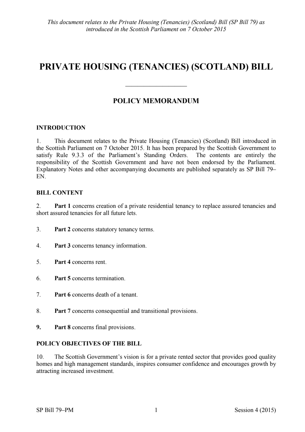 Private Housing (Tenancies) (Scotland) Bill Policy Memorandum