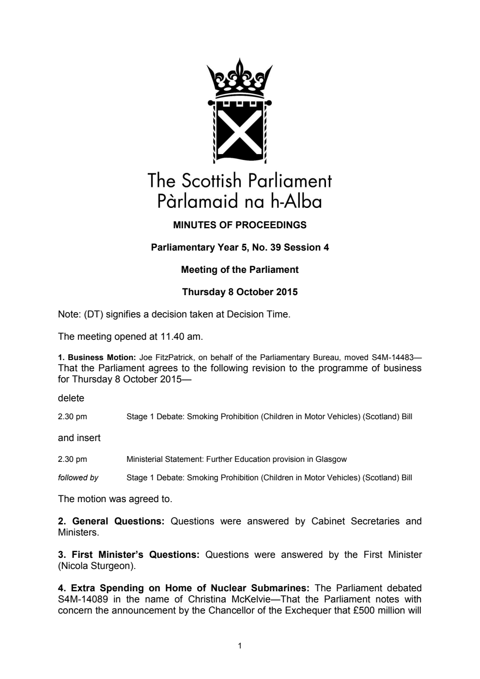 Minutes of Proceedings 8 October 2015 Vol. 5, No. 39 Session 4