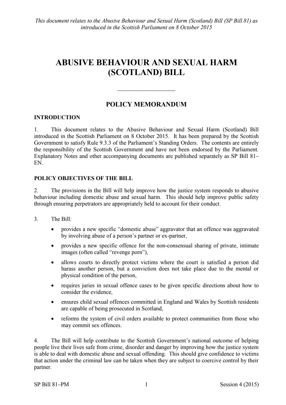 Abusive Behaviour and Sexual Harm (Scotland) Bill Policy Memorandum