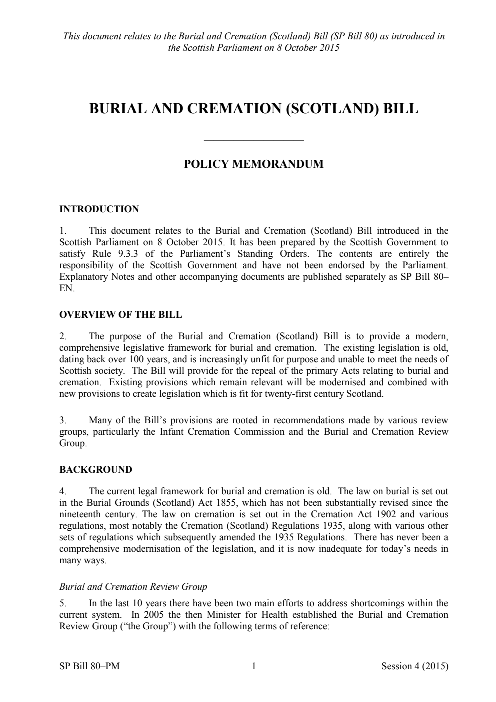 Burial and Cremation (Scotland) Bill Policy Memorandum
