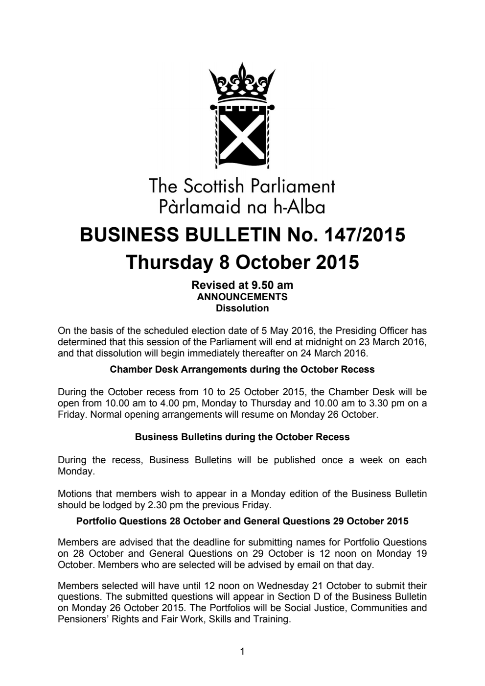 Business Bulletin No. 147/2015, Thursday 8 October 2015, Revised (Section A)