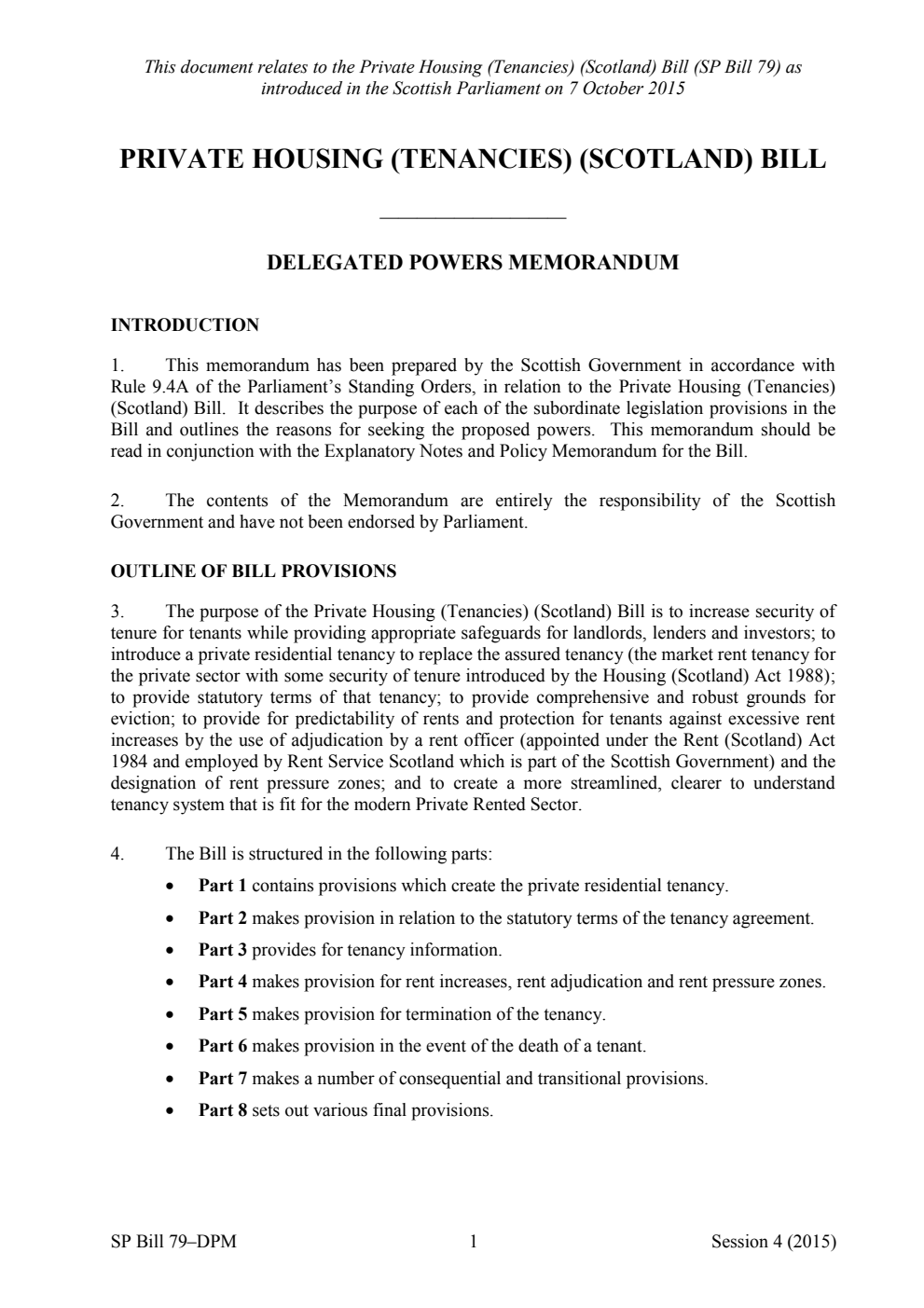 Private Housing (Tenancies) (Scotland) Bill Delegated Powers Memorandum