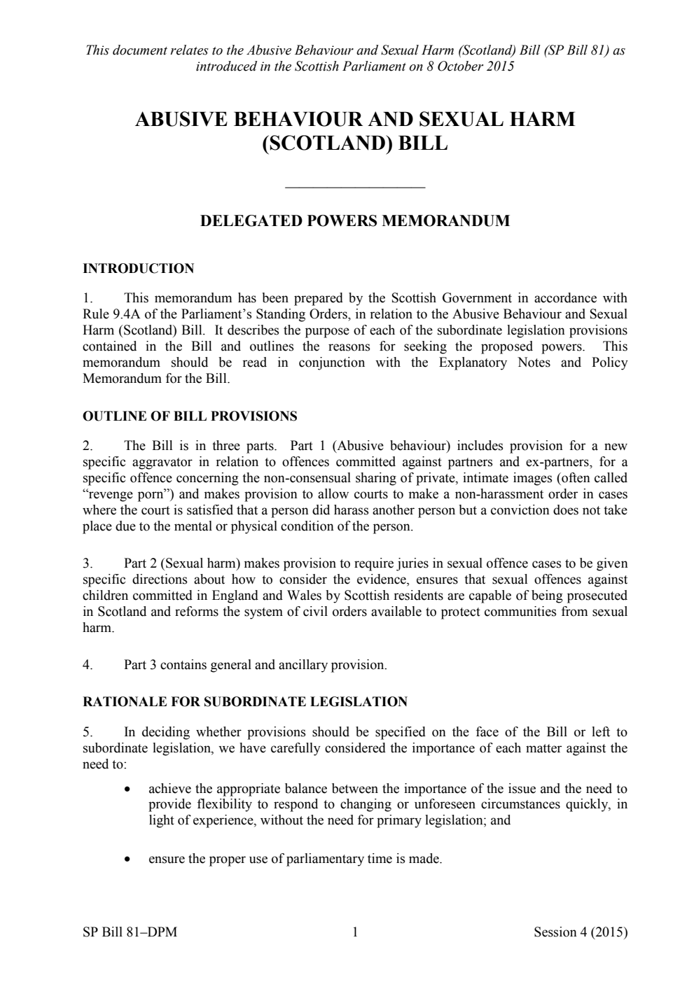 Abusive Behaviour and Sexual Harm (Scotland) Bill Delegated Powers Memorandum