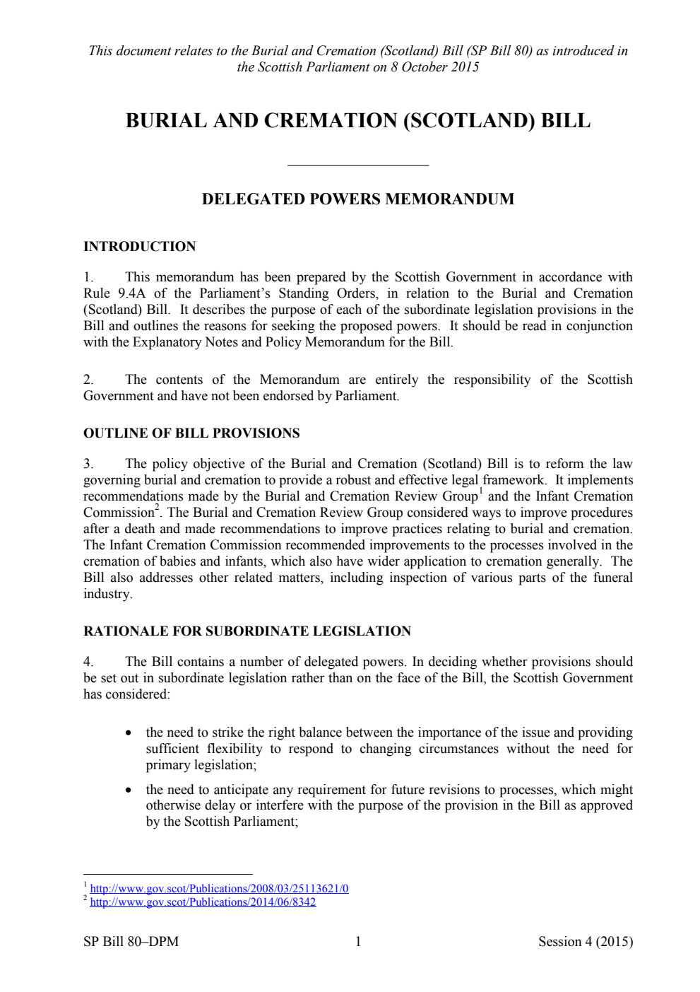 Burial and Cremation (Scotland) Bill Delegated Powers Memorandum