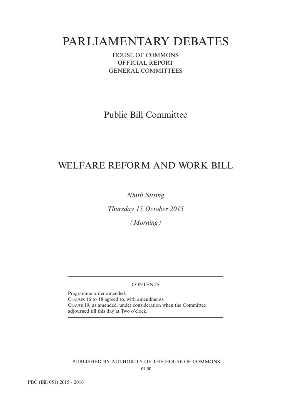 Welfare Reform and Work Public Bill Committee 9th Sitting 15th October 2015 AM