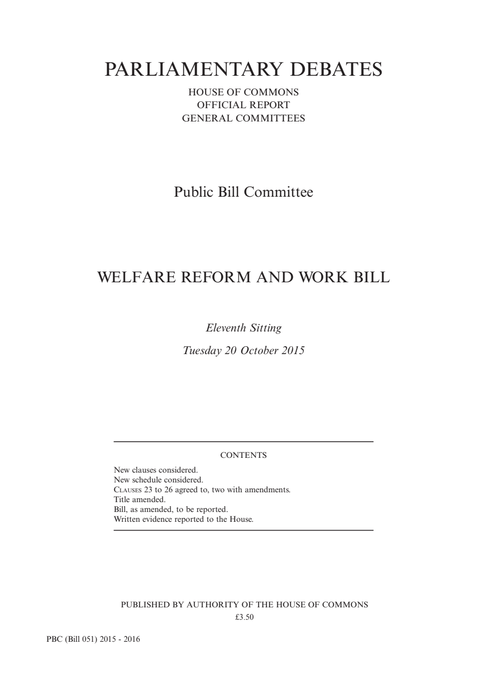 Welfare Reform and Work Public Bill Committee 11th Sitting 20th October 2015