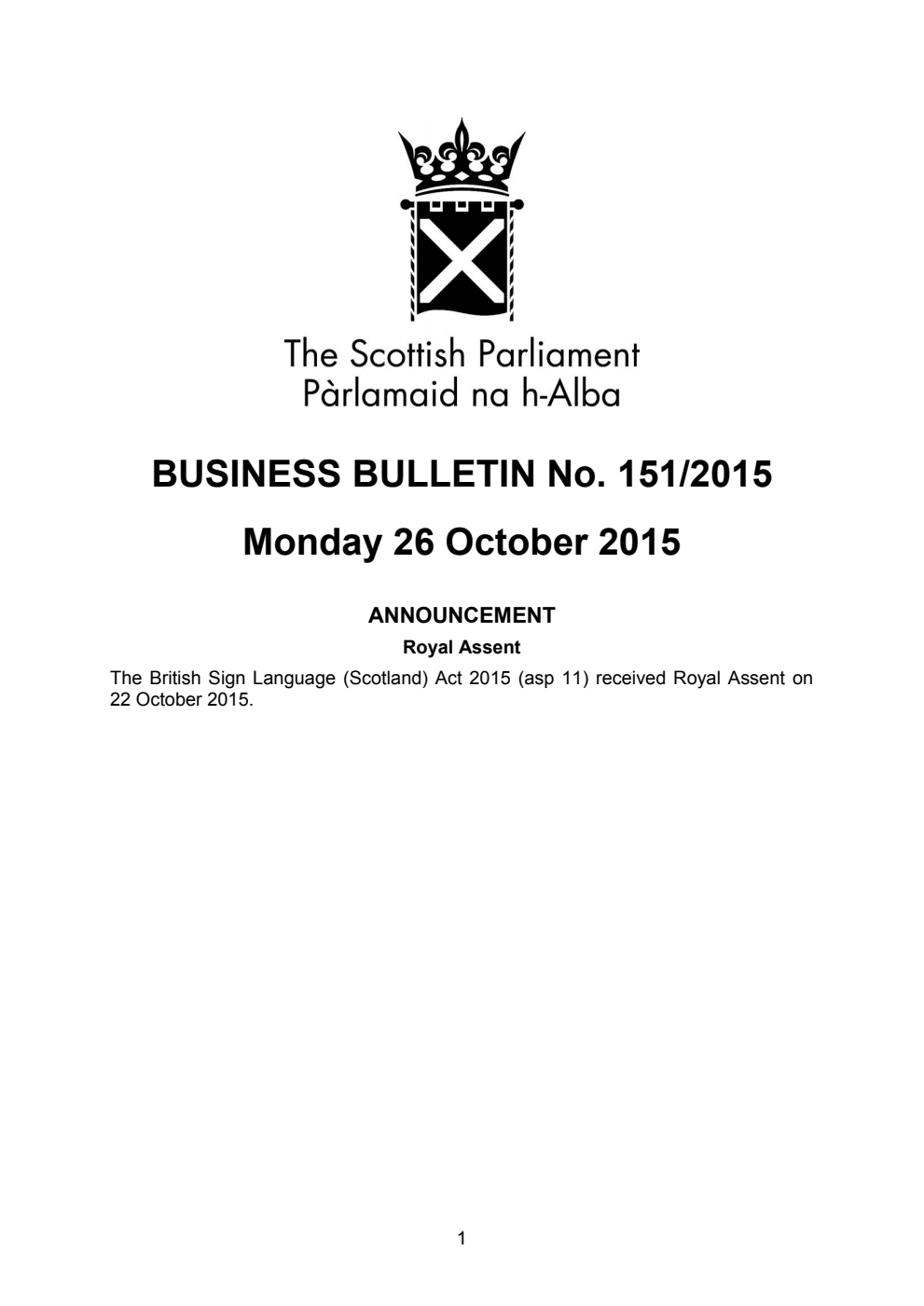 Business Bulletin No. 151/2015, Monday 26 October 2015