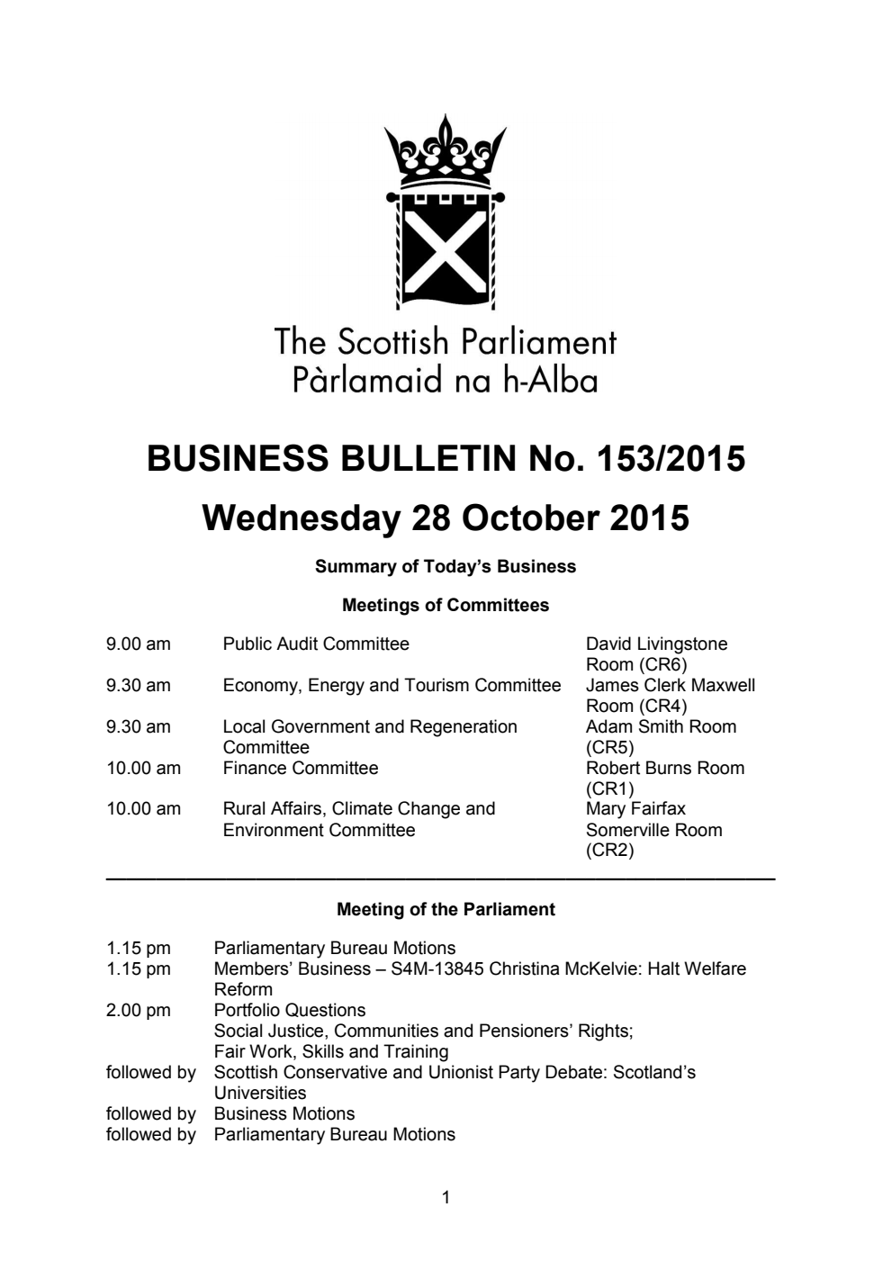 Business Bulletin No. 153/2015, Wednesday 28 October 2015