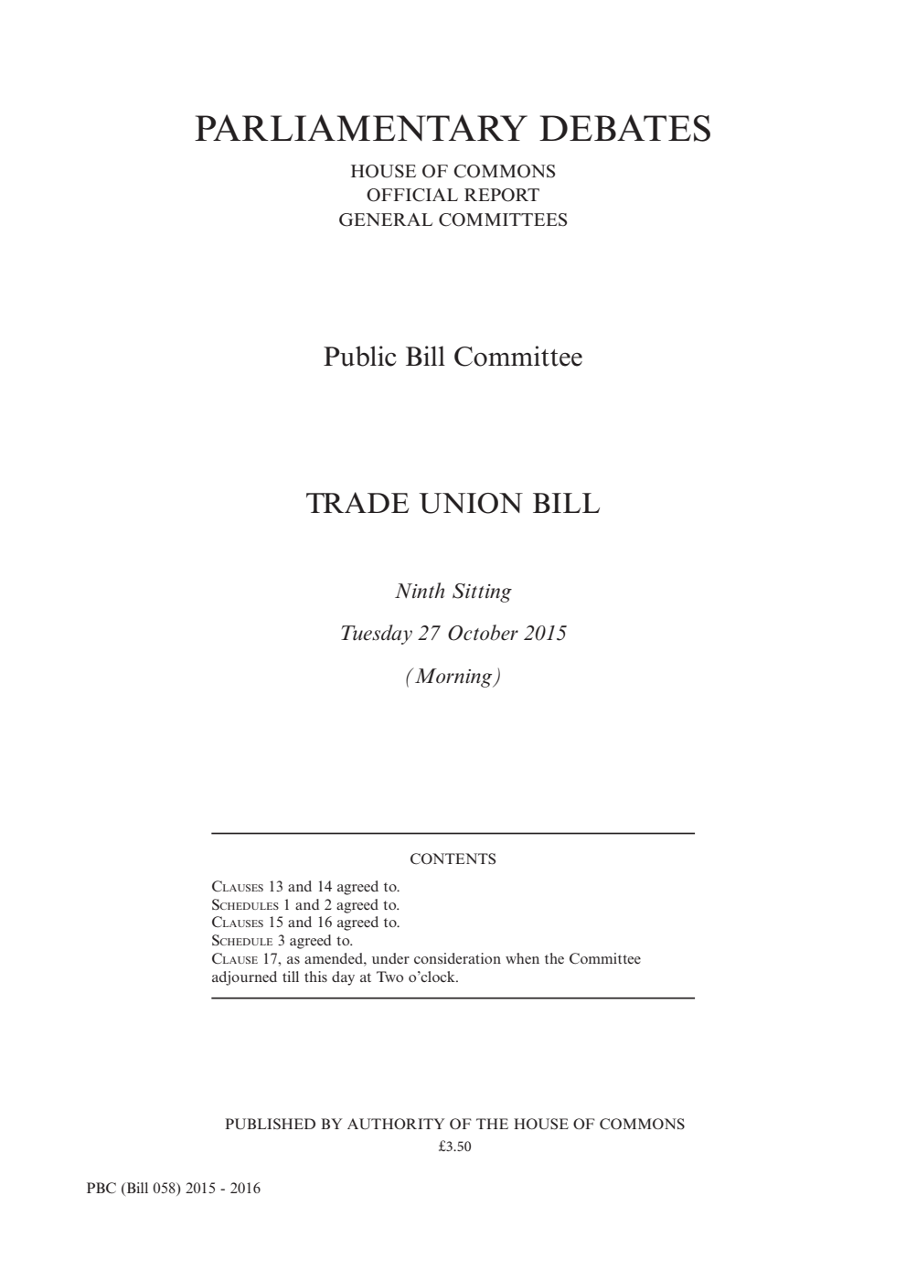 Trade Union Public Bill Committee 9th Sitting 27th October 2015 AM