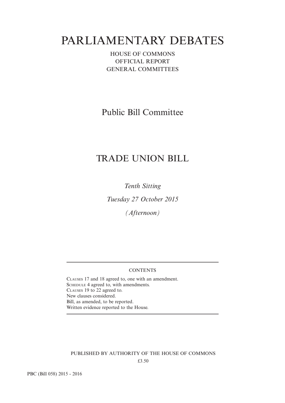 Trade Union Public Bill Committee 10th Sitting 27th October 2015 PM