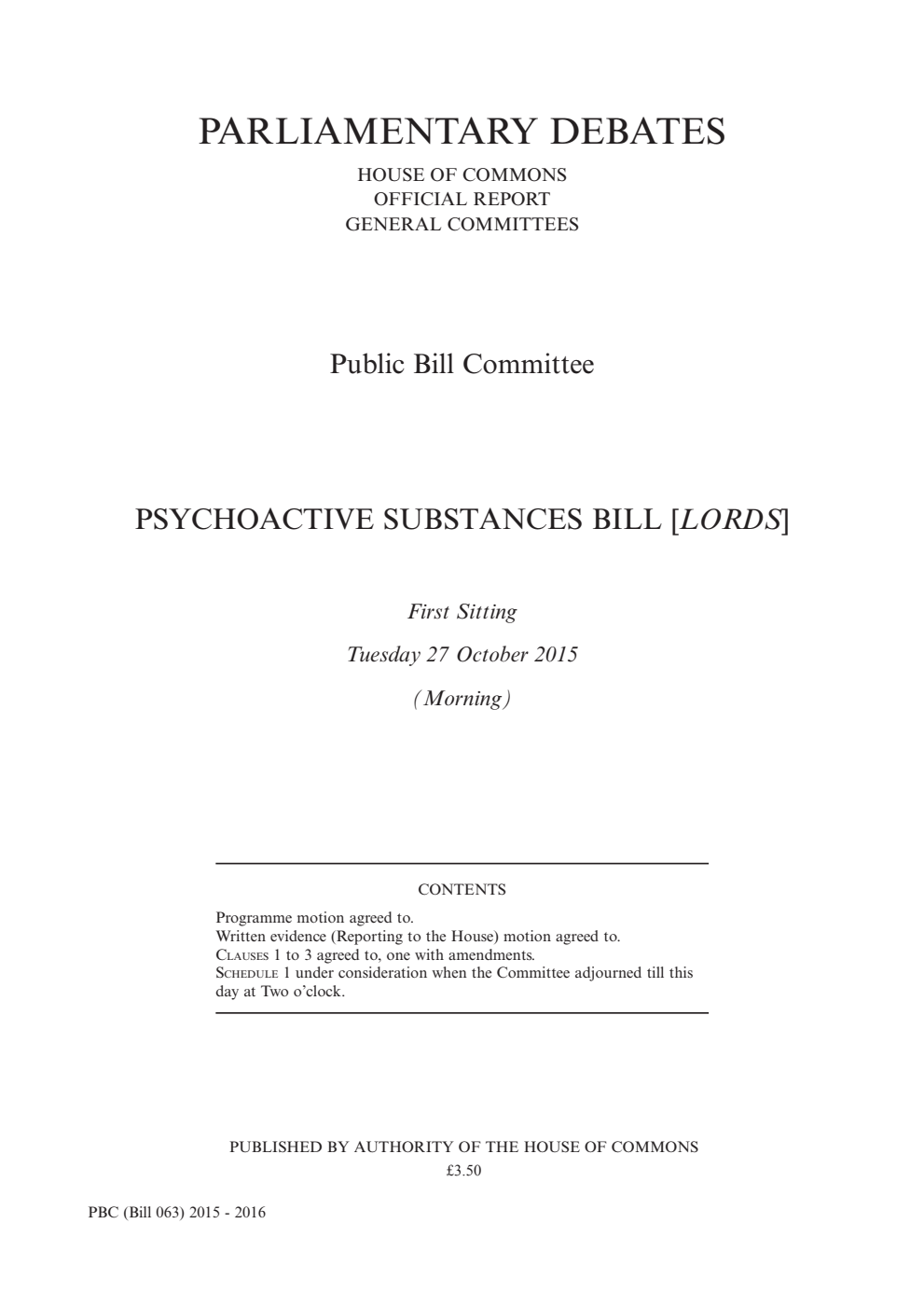 Psychoactive Substances Public Bill Committee 1st Sitting 27th October 2015 AM