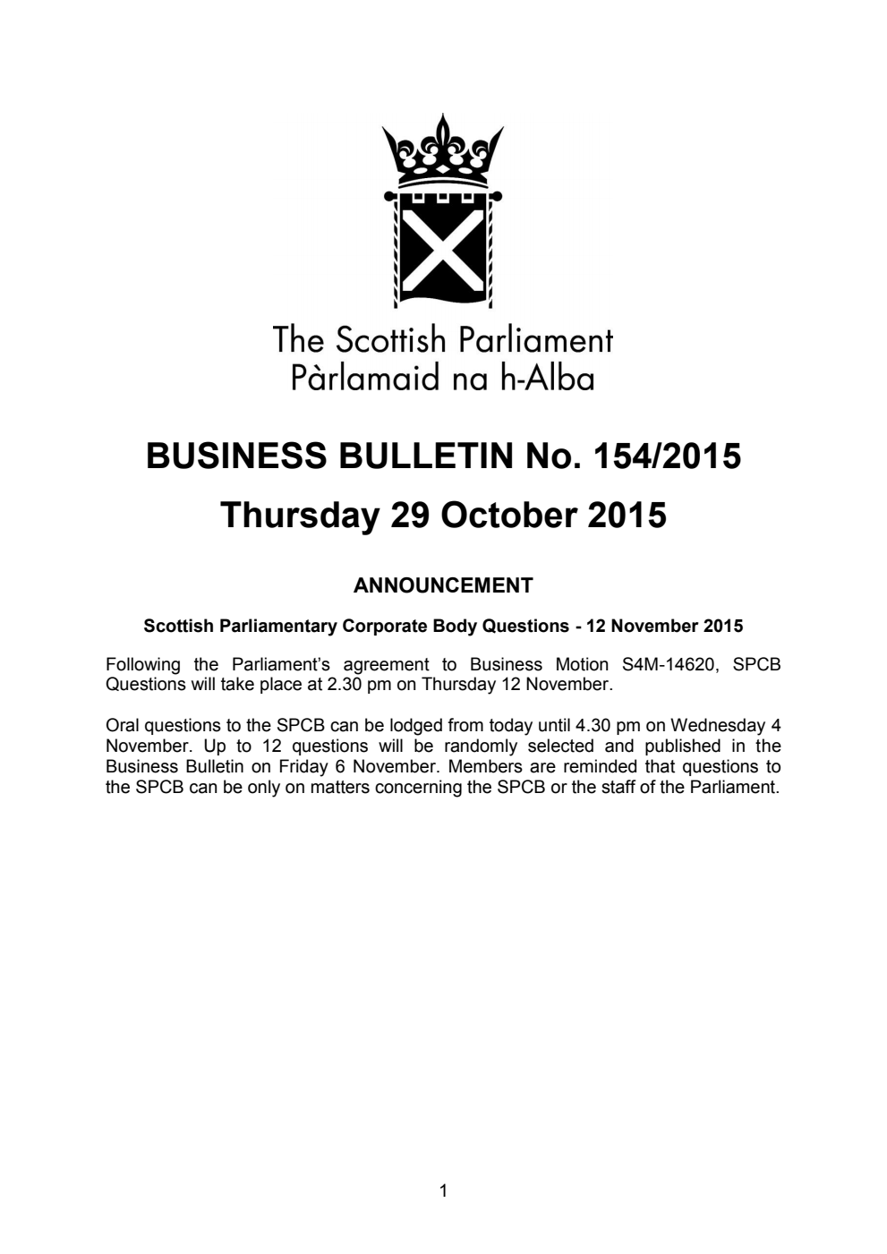 Business Bulletin No. 154/2015, Thursday 29 October 2015