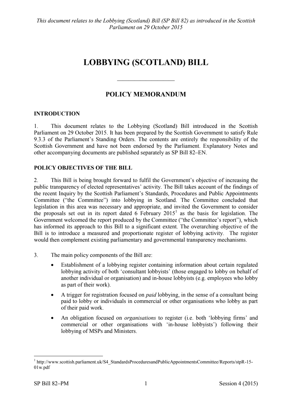 Lobbying (Scotland) Bill Policy Memorandum