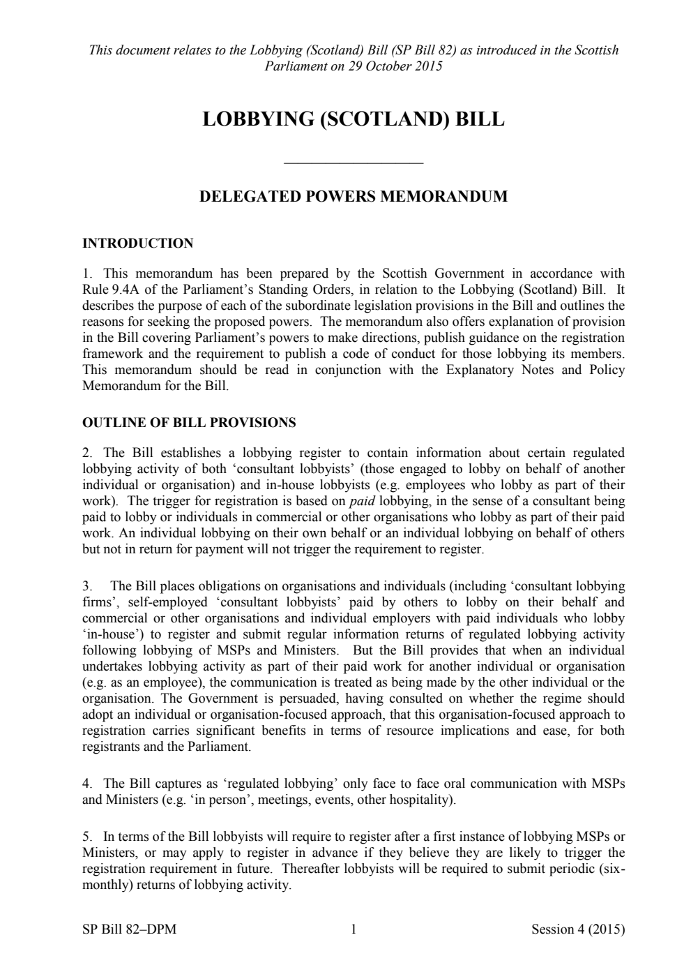 Lobbying (Scotland) Bill Delegated Powers Memorandum