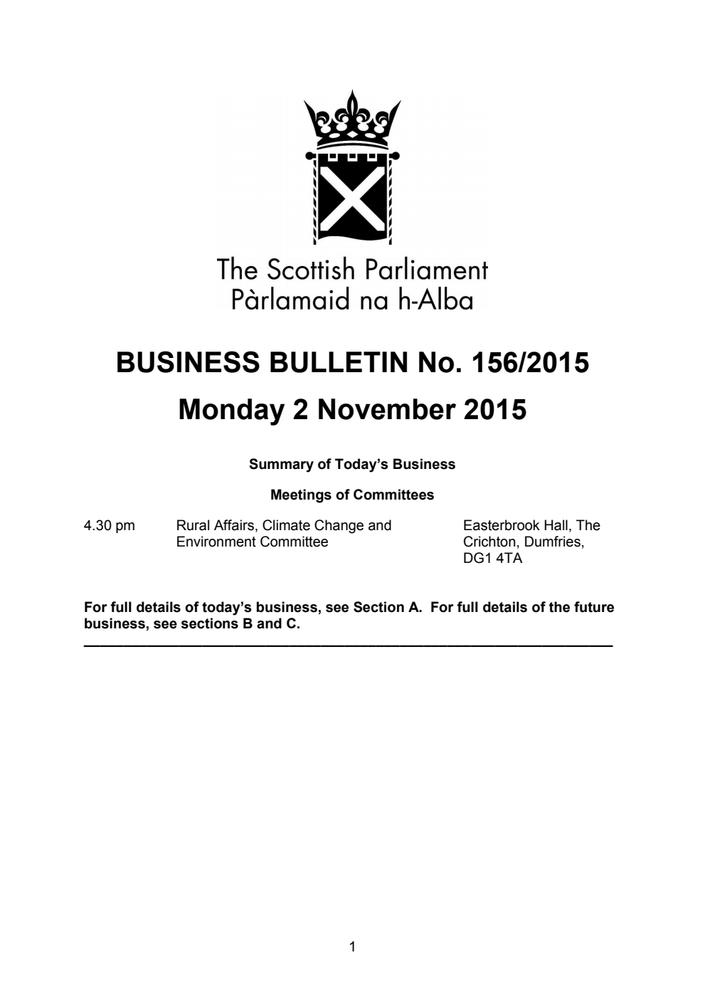 Business Bulletin No. 156/2015, Monday 2 November 2015