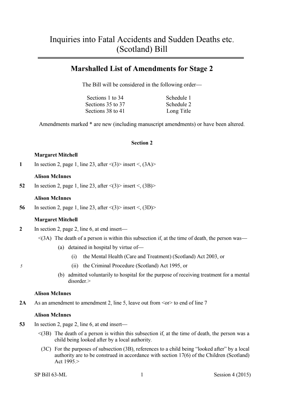 Inquiries into Fatal Accidents and Sudden Deaths etc. (Scotland) Bill Marshalled List of Amendments for Stage 2