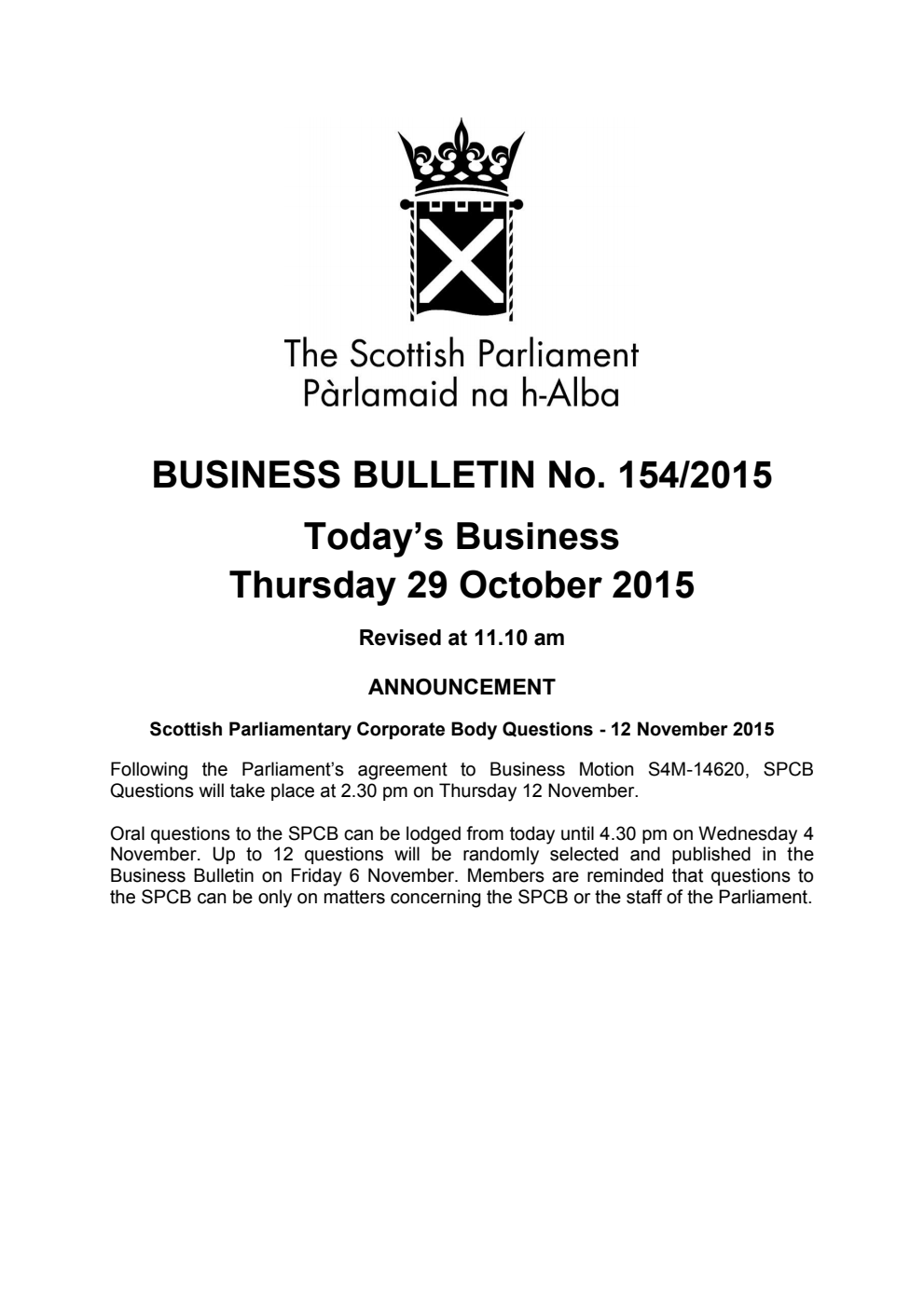 Business Bulletin No. 154/2015, Thursday 29 October 2015, Revised (Section A)