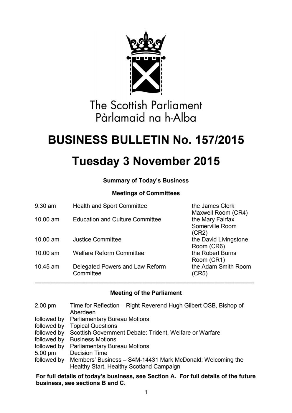 Business Bulletin No. 157/2015, Tuesday 3 November 2015