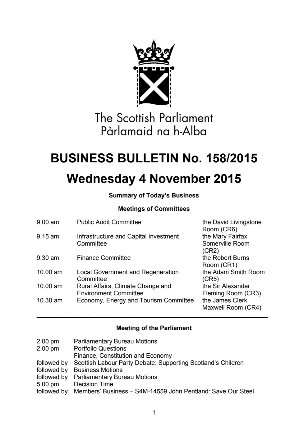 Business Bulletin No. 158/2015, Wednesday 4 November 2015