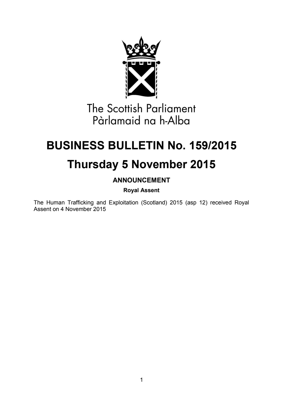 Business Bulletin No. 159/2015, Thursday 5 November 2015