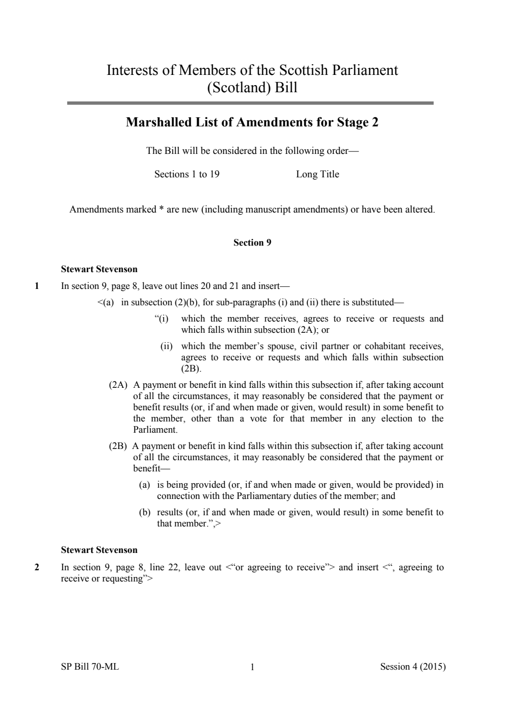 Interests of Members of the Scottish Parliament (Amendment) Bill Marshalled List of Amendments for Stage 2