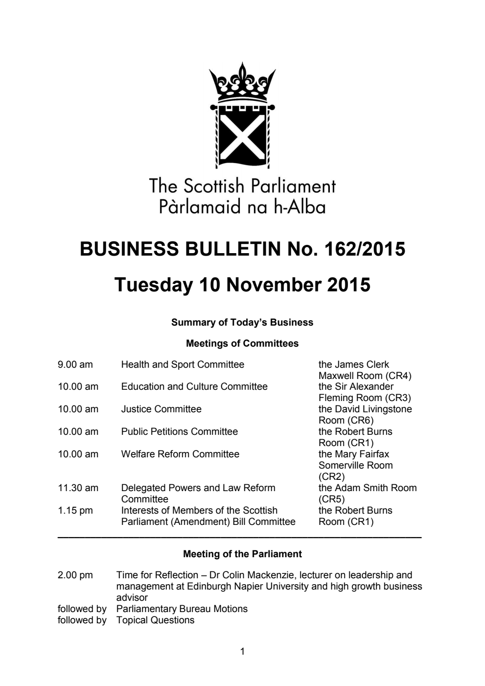 Business Bulletin No. 162/2015, Tuesday 10 November 2015
